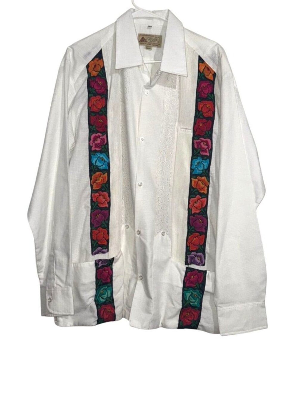 Mens White Guayabera Shirt By Colli With Multicolor Floral Embroidery & Pleats S